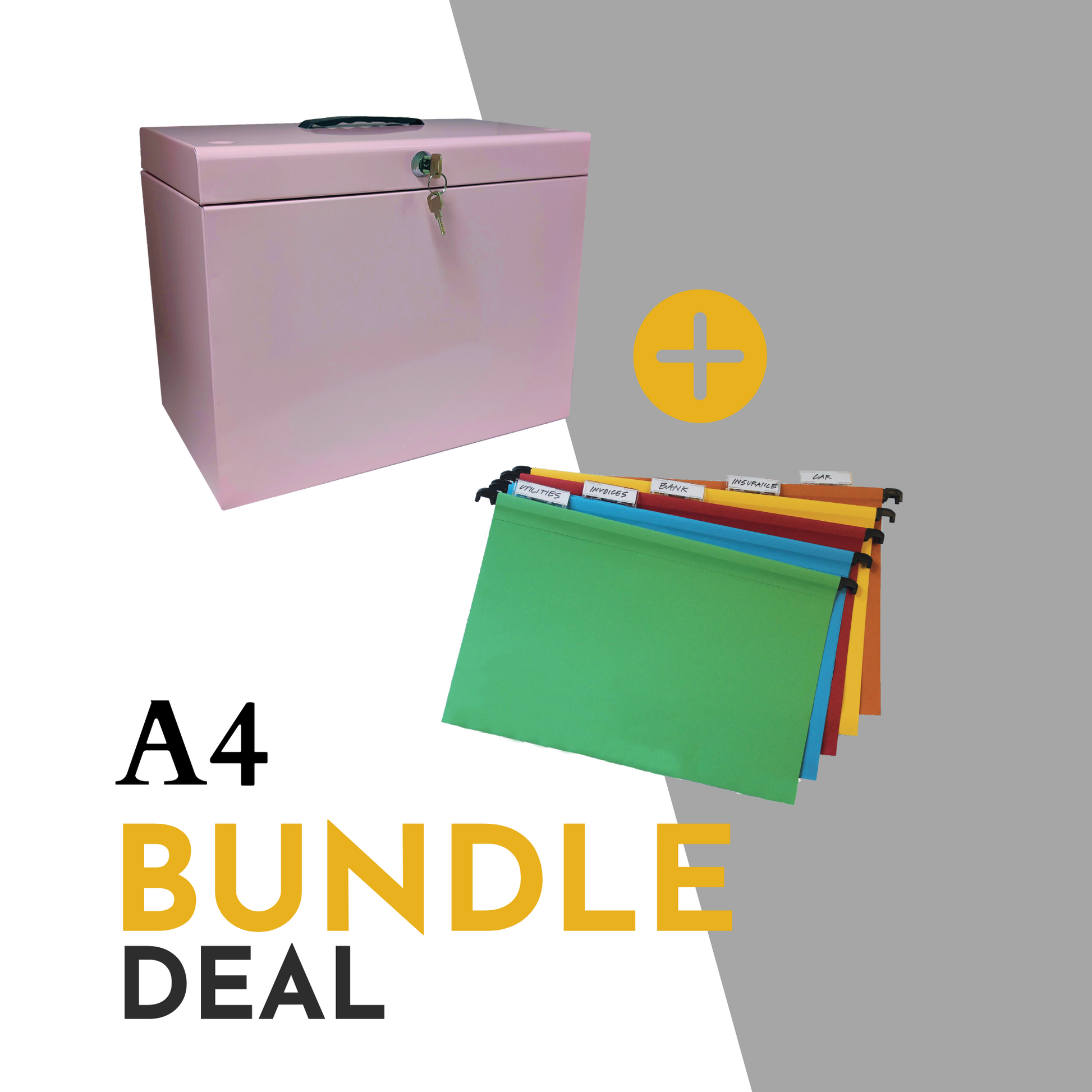 Promotional image for an A4 file storage bundle deal, including a pastel pink file box with a handle and key lock, plus an additional set of 10 assorted color A4 suspension files with index tabs, showcasing an organized filing solution.
