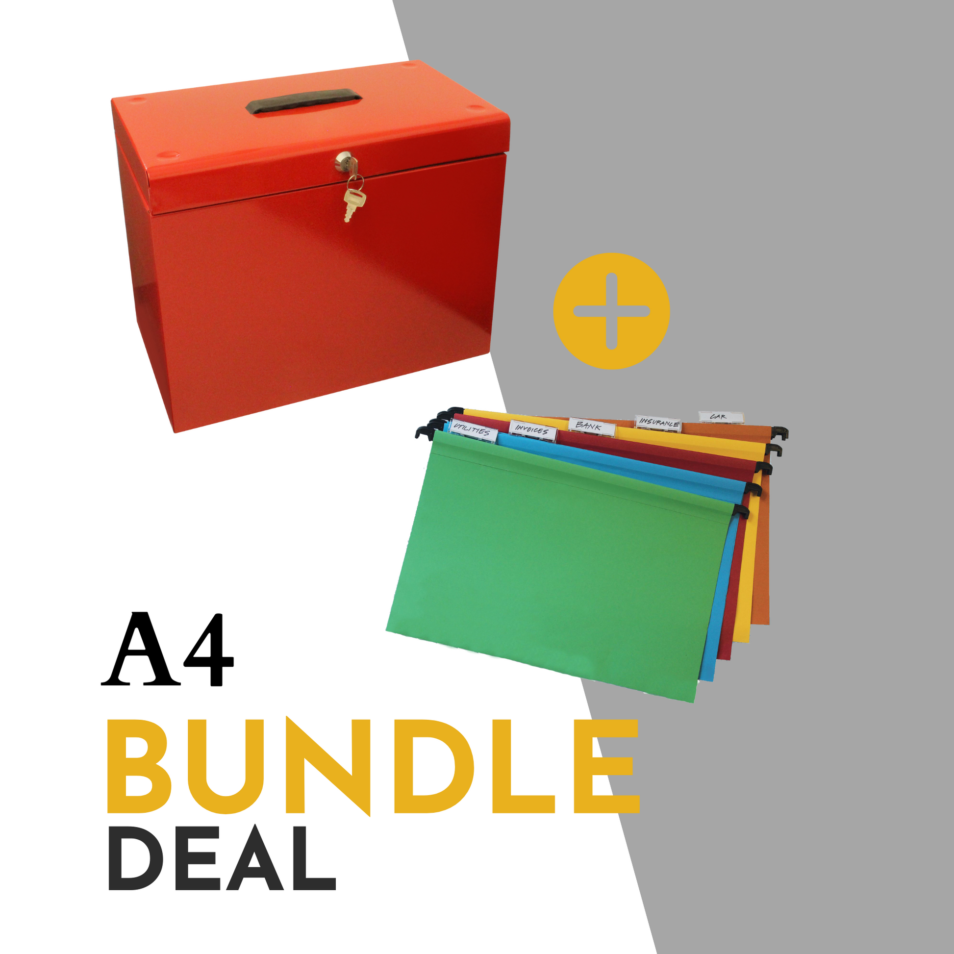Promotional image for an A4 file storage bundle deal, including a red file box with a handle and key lock, plus an additional set of 10 assorted color A4 suspension files with index tabs, showcasing an organized filing solution.