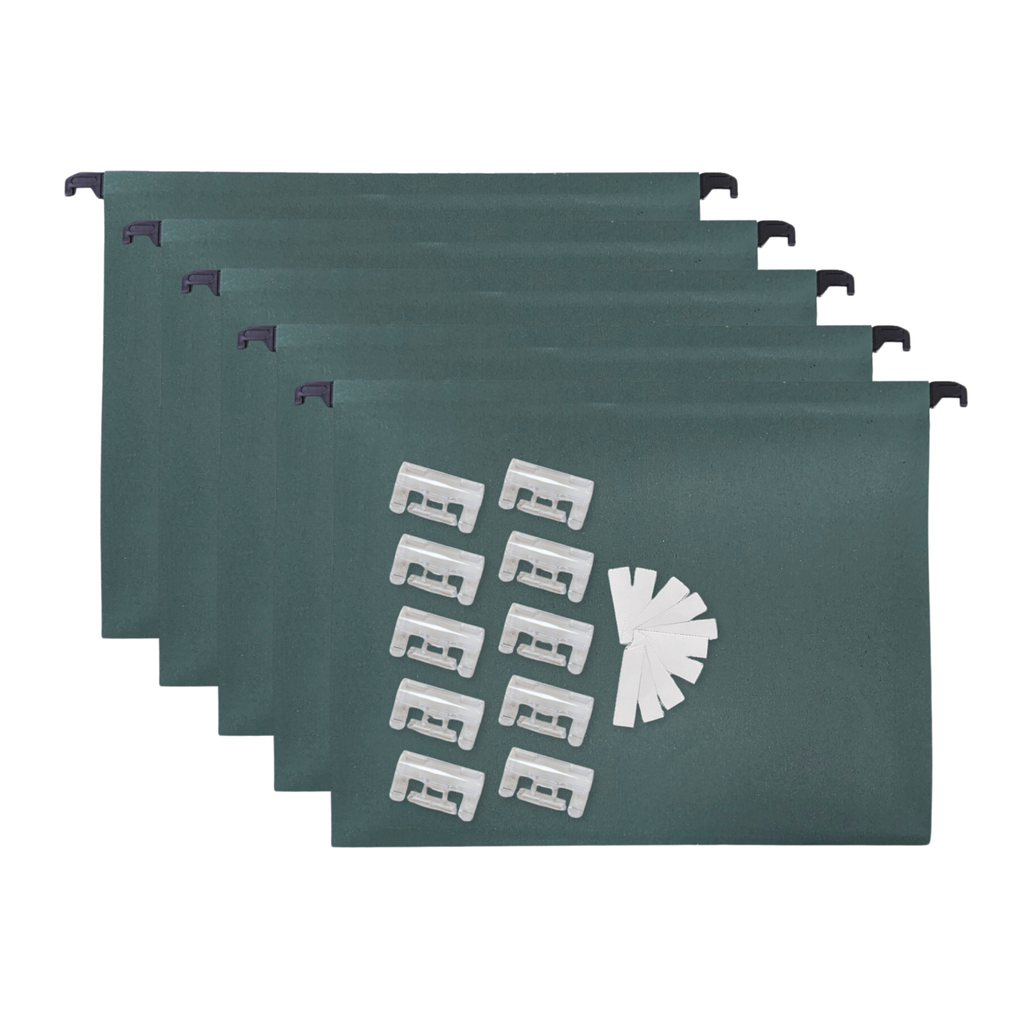 A4 Green Manilla Suspension Files with Clip on Index Tabs and Inserts