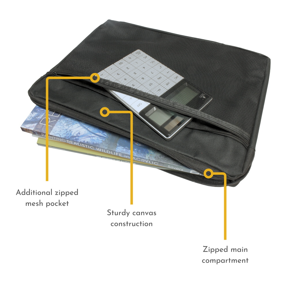 A4 Canvas Document Bag with Zip and Outer Mesh Pocket