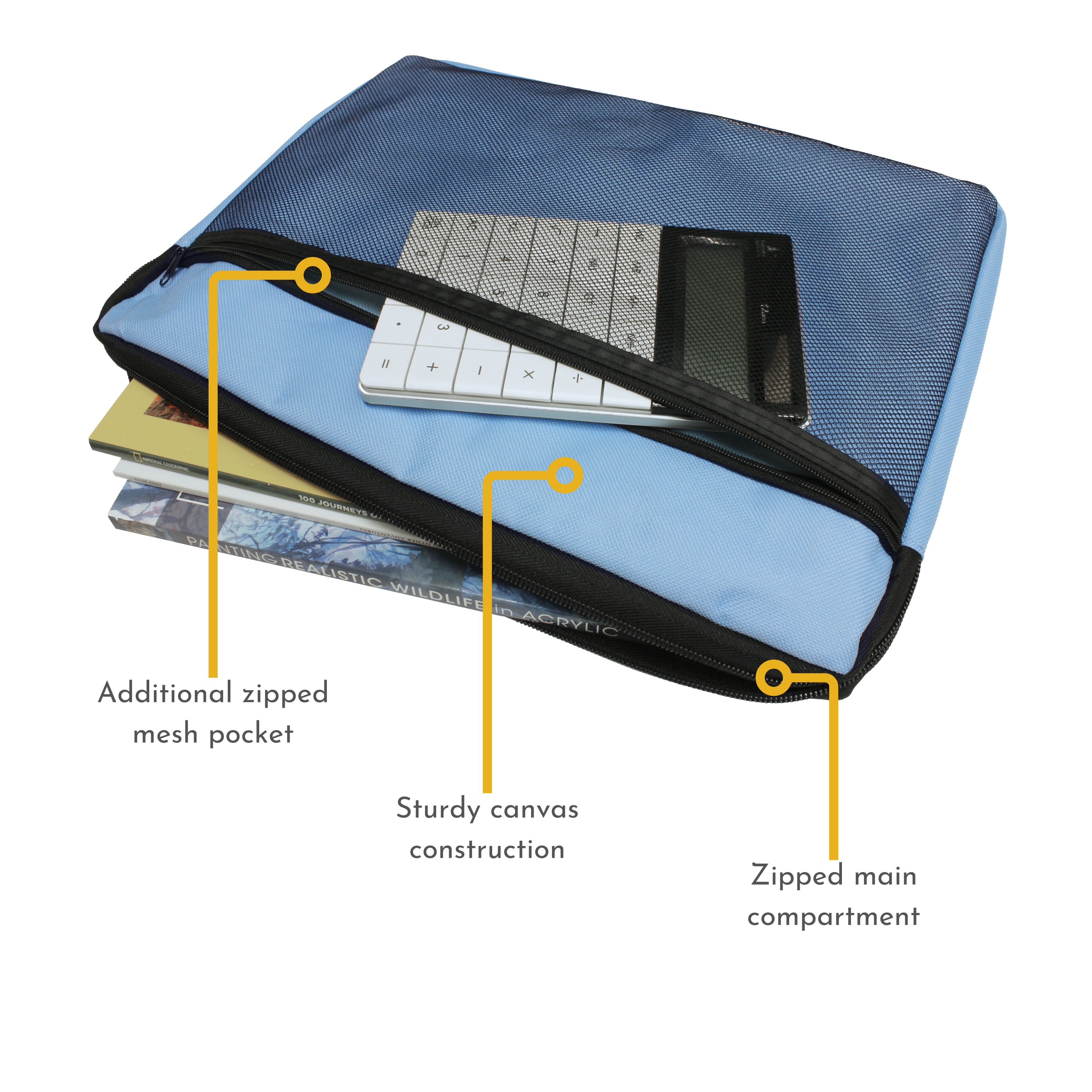 A4 Canvas Document Bag with Zip and Outer Mesh Pocket