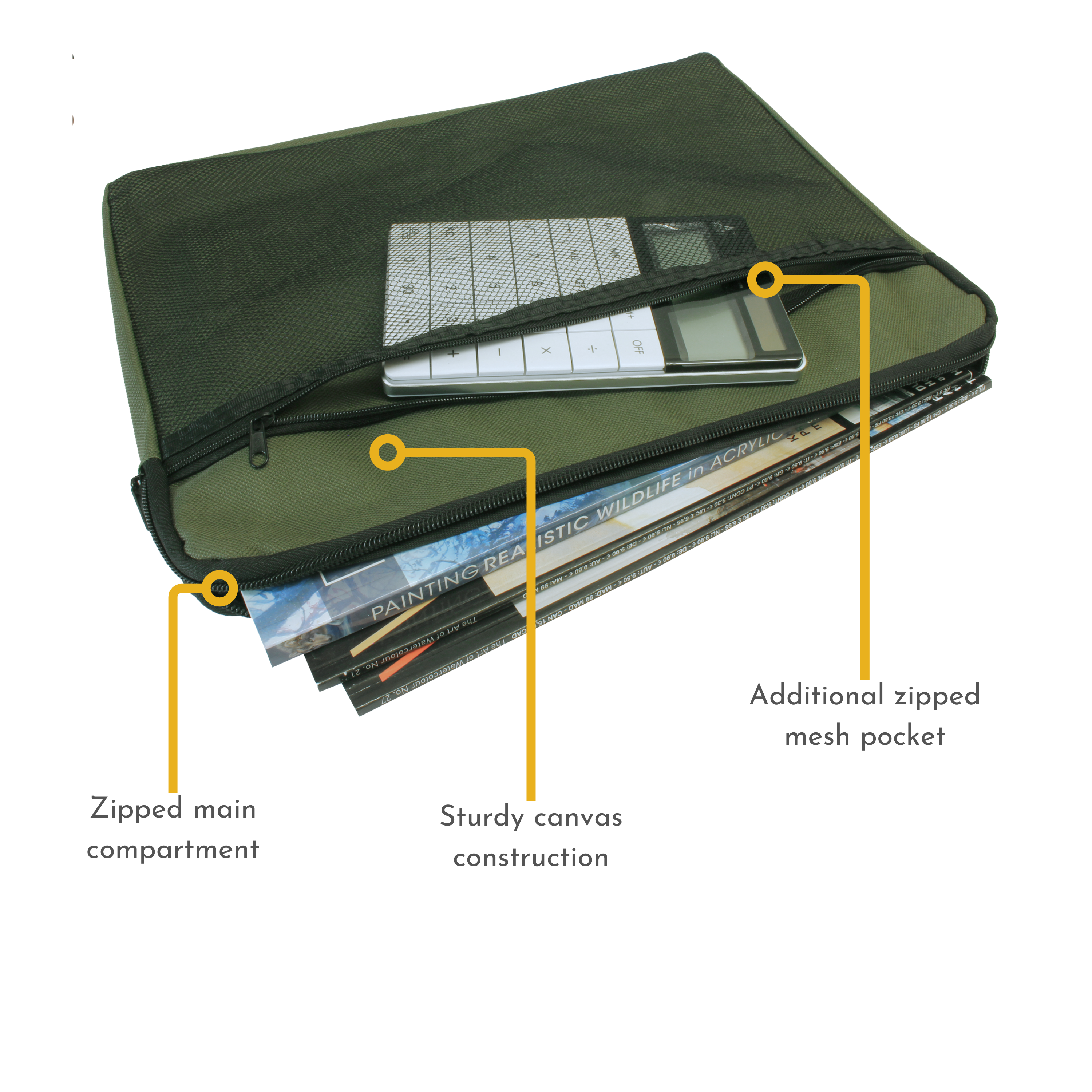 A4 Canvas Document Bag with Zip and Outer Mesh Pocket