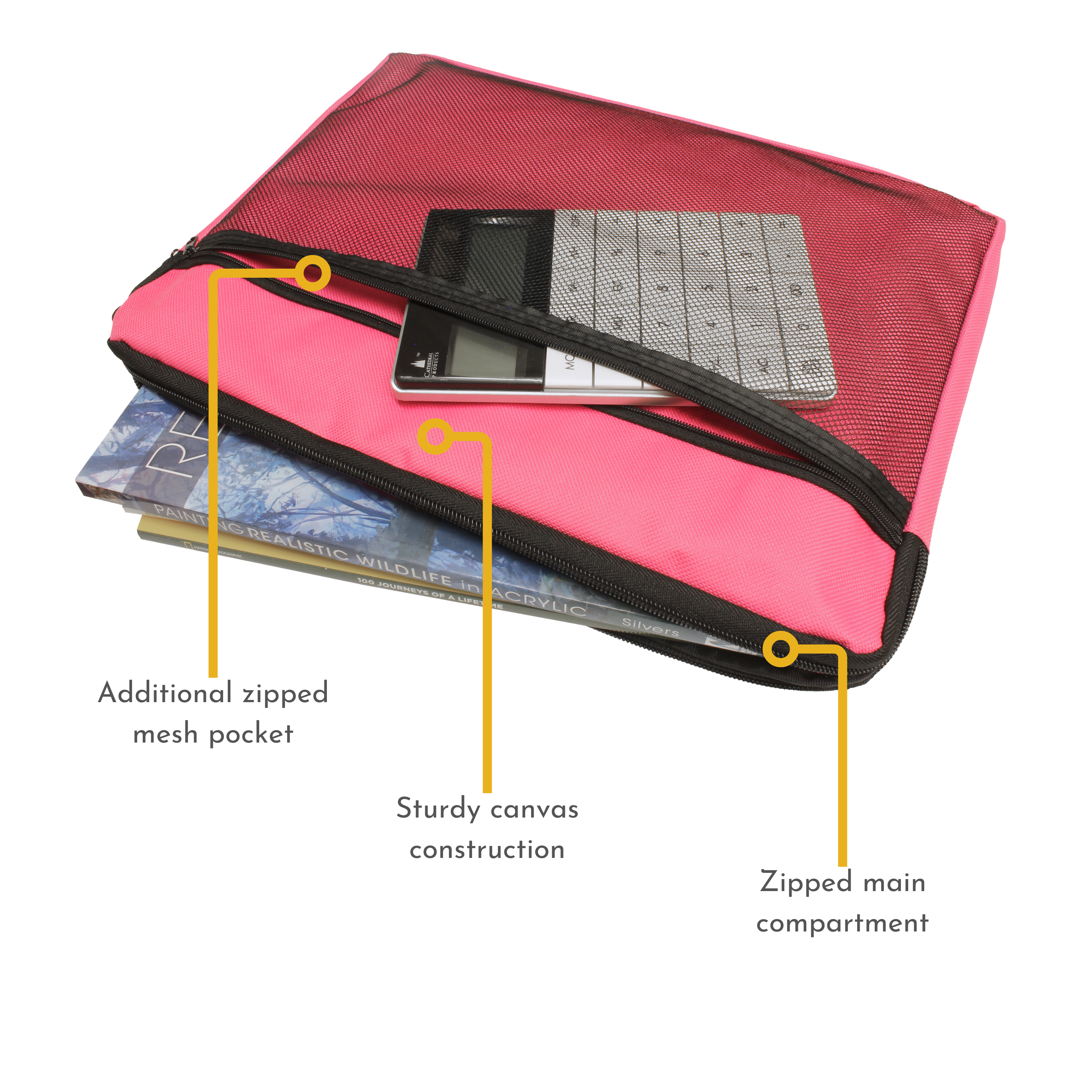 A4 Canvas Document Bag with Zip and Outer Mesh Pocket