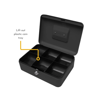 Key Lockable Cash Box with Lift Out 6 Compartment Coin Tray - 10 Inch