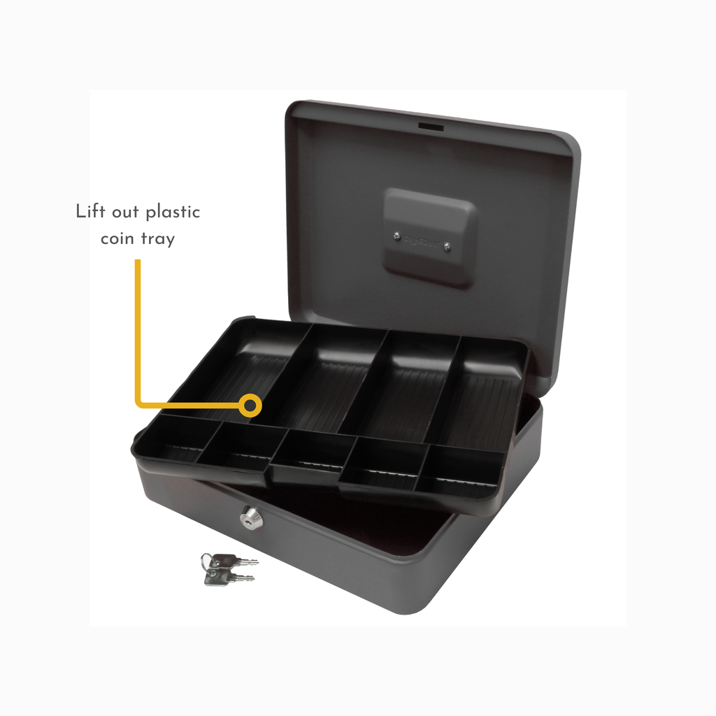 Key Lockable Cash Box with Lift Out 9 Compartment Coin Tray - 12 Inch