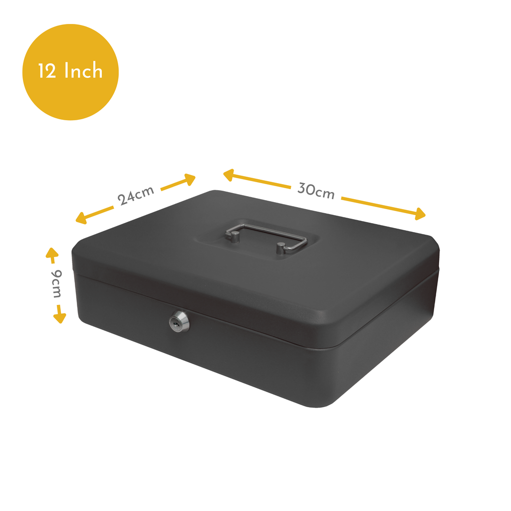 Key Lockable Cash Box with Lift Out 9 Compartment Coin Tray - 12 Inch