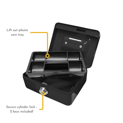 Key Lockable Cash Box with Coin Slot & Lift Out 5 Compartment Coin Tray - 4 Inch