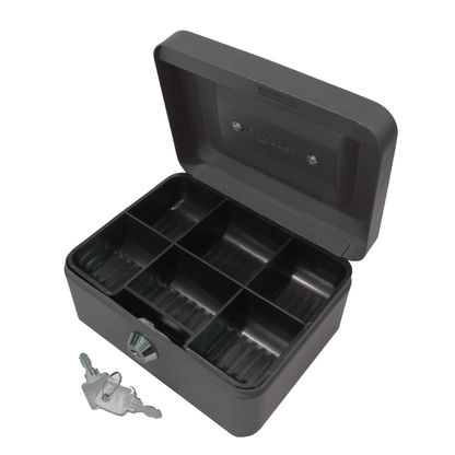 Key Lockable Cash Box with Lift Out 6 Compartment Coin Tray - 6 Inch