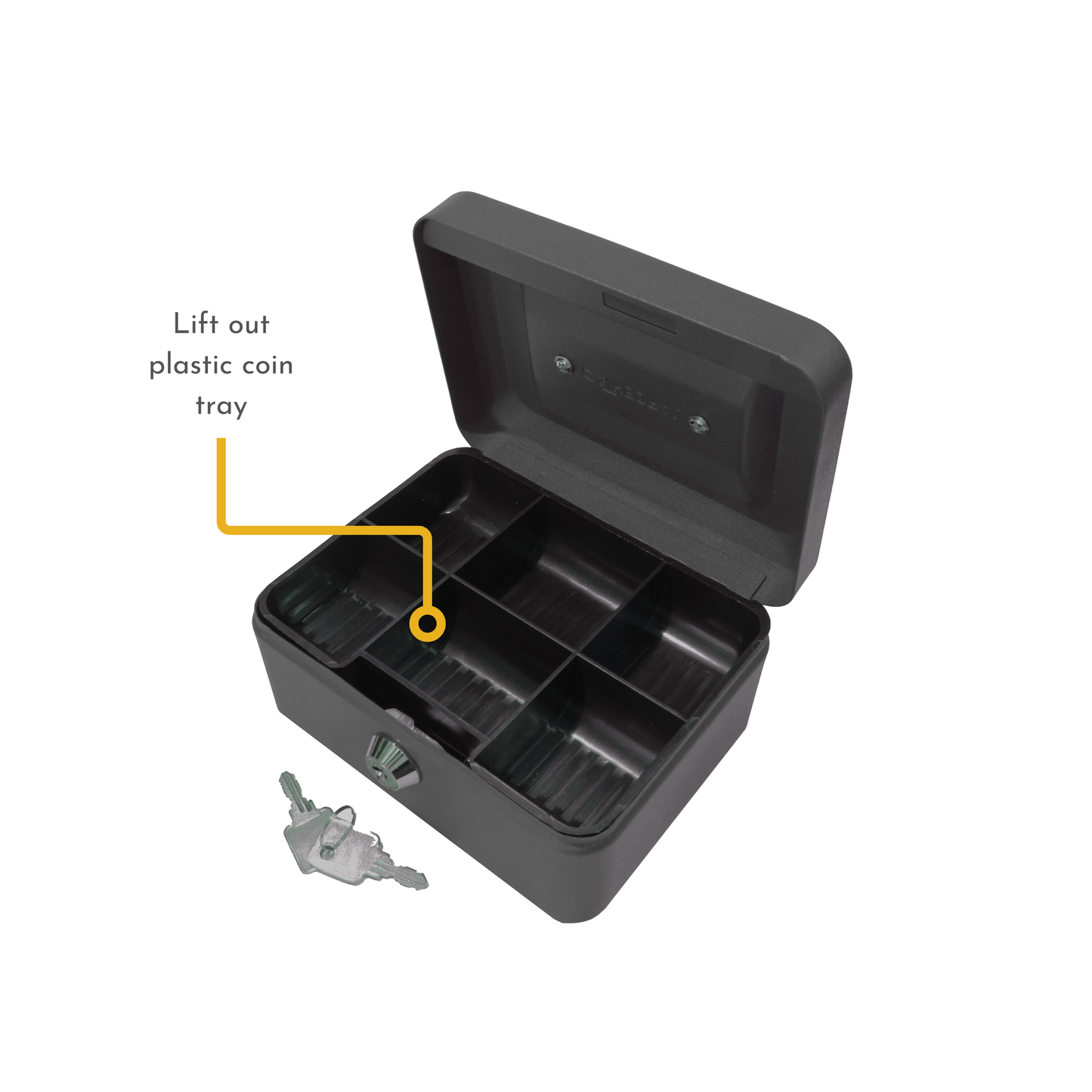 Key Lockable Cash Box with Lift Out 6 Compartment Coin Tray - 6 Inch