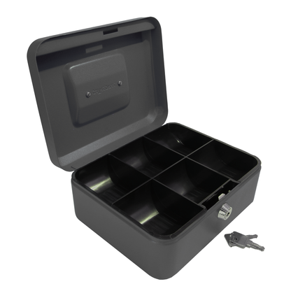 Key Lockable Cash Box with Lift Out 6 Compartment Coin Tray - 8 Inch