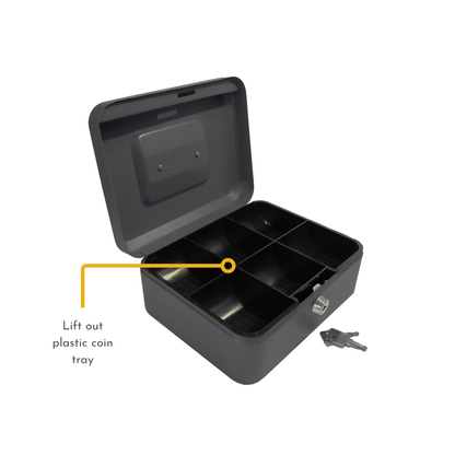 Key Lockable Cash Box with Lift Out 6 Compartment Coin Tray - 8 Inch