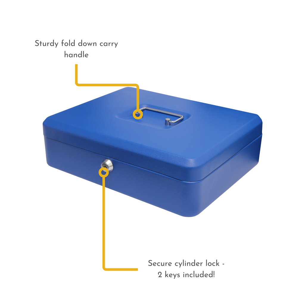Key Lockable Cash Box with Lift Out 9 Compartment Coin Tray - 12 Inch