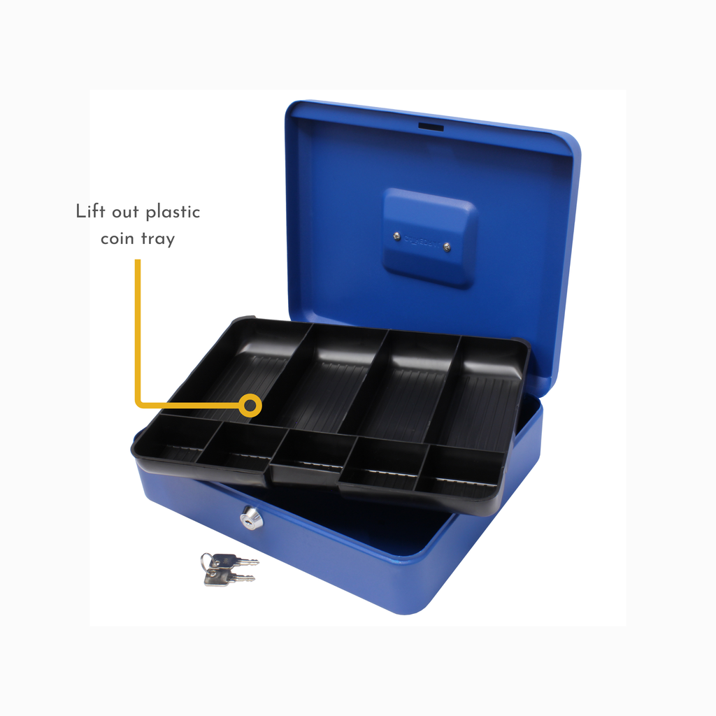 Key Lockable Cash Box with Lift Out 9 Compartment Coin Tray - 12 Inch