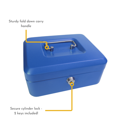 Key Lockable Cash Box with Lift Out 6 Compartment Coin Tray - 8 Inch