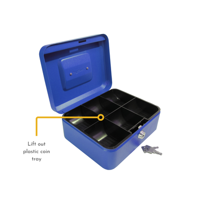 Key Lockable Cash Box with Lift Out 6 Compartment Coin Tray - 8 Inch