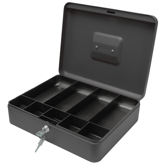 Key Lockable Cash Box with Lift Out 9 Compartment Coin Tray - 12 Inch