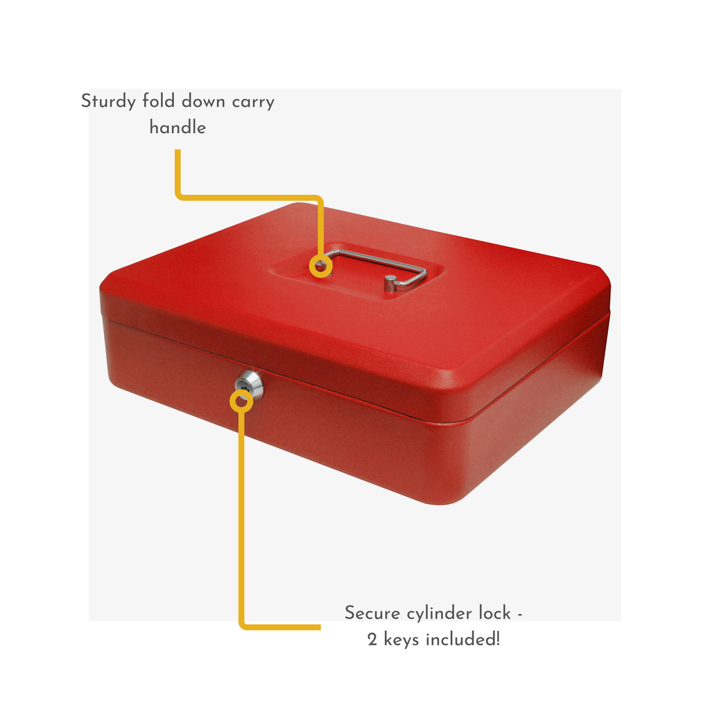 Key Lockable Cash Box with Lift Out 9 Compartment Coin Tray - 12 Inch