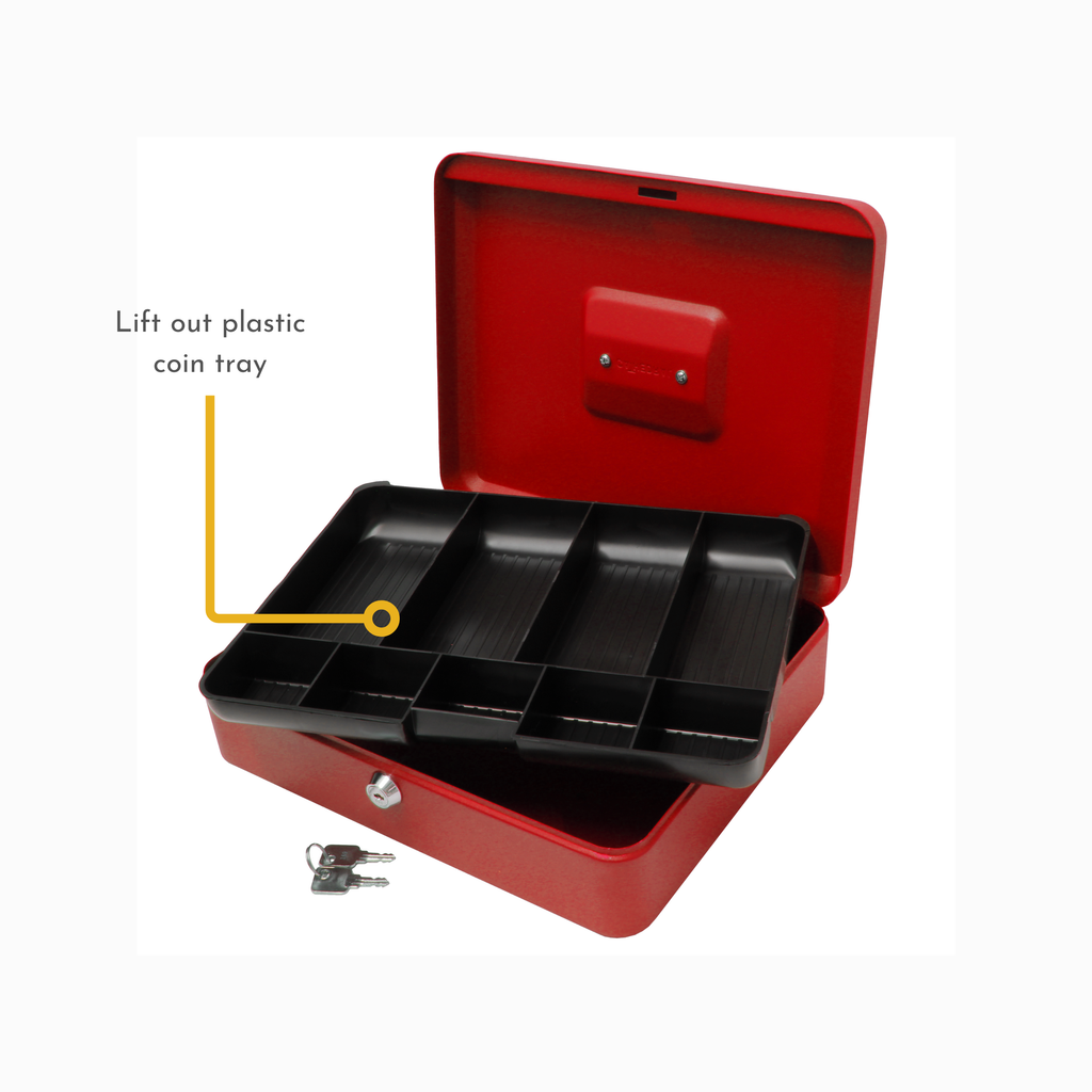 Key Lockable Cash Box with Lift Out 9 Compartment Coin Tray - 12 Inch
