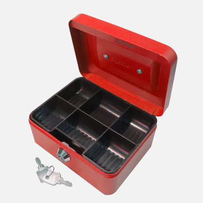 Key Lockable Cash Box with Lift Out 6 Compartment Coin Tray - 6 Inch