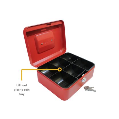 Key Lockable Cash Box with Lift Out 6 Compartment Coin Tray - 8 Inch