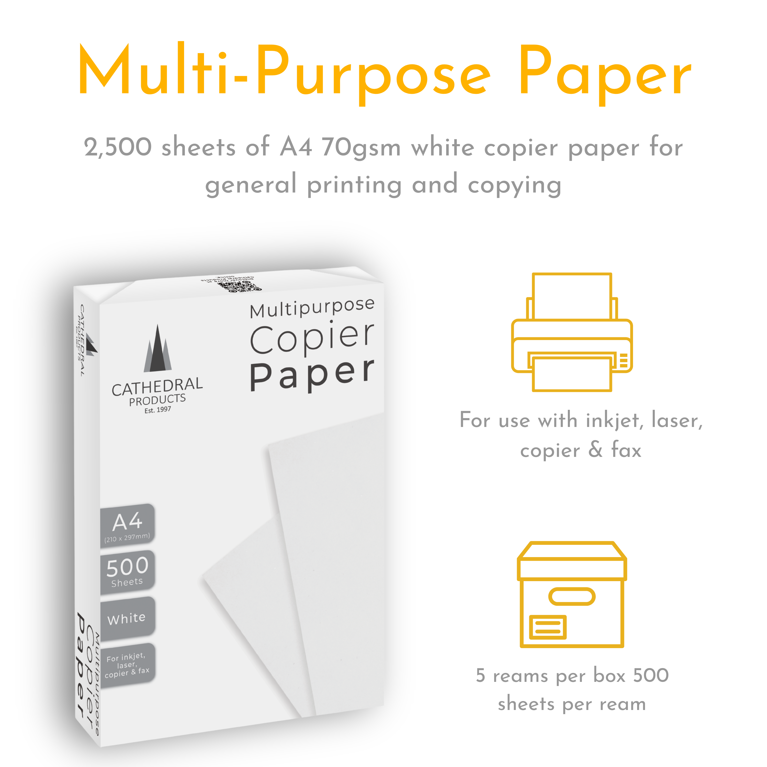 Cathedral Products A4 Copier Paper 70gsm – 5 Reams