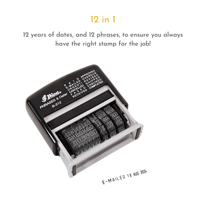 12-in-1 Self Inking Date Stamp - Date Stamp Plus 12 Phrases - 3.8mm Character Height