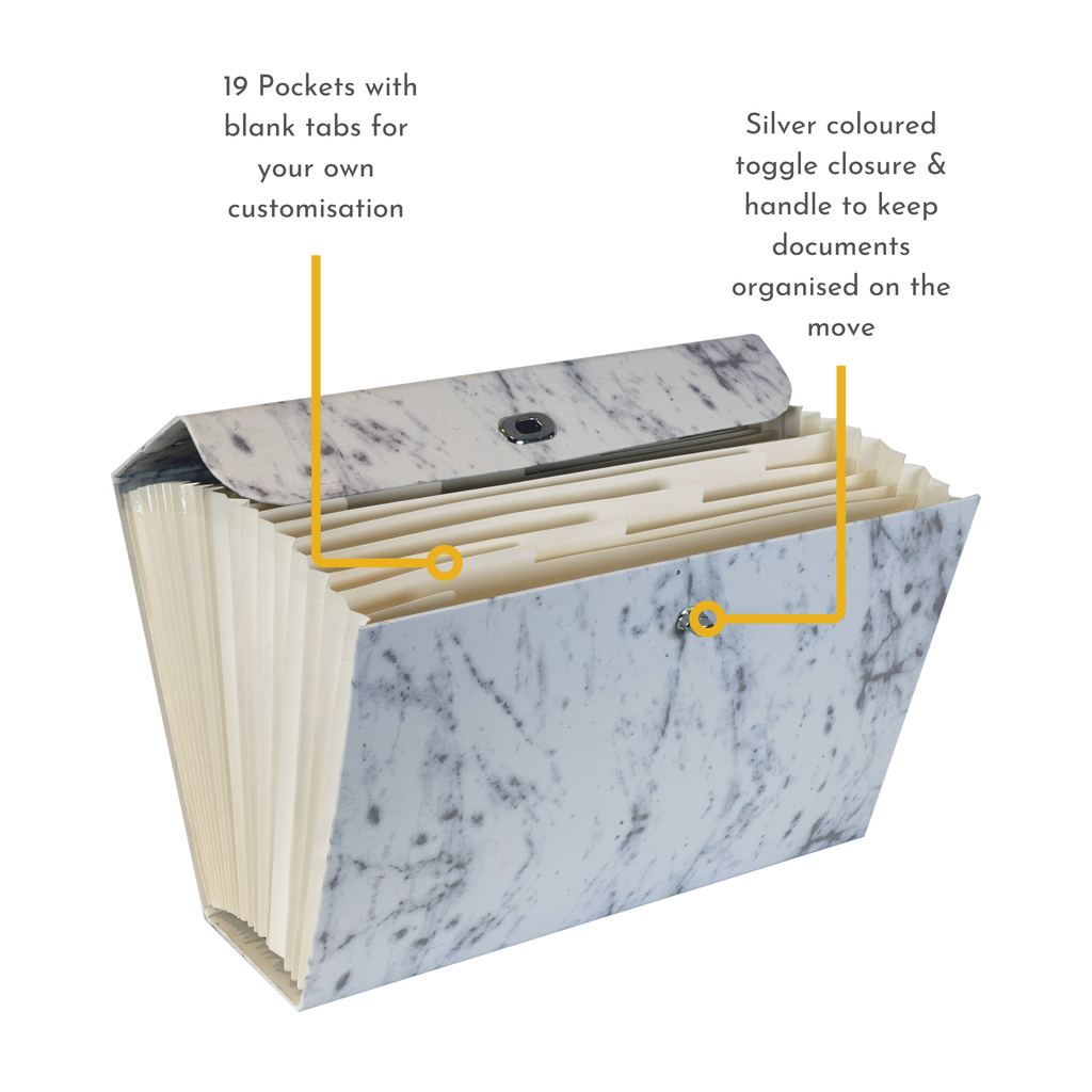 Luxurious Marble Design 19-Pocket Expanding Box File with Silver Coloured Accents