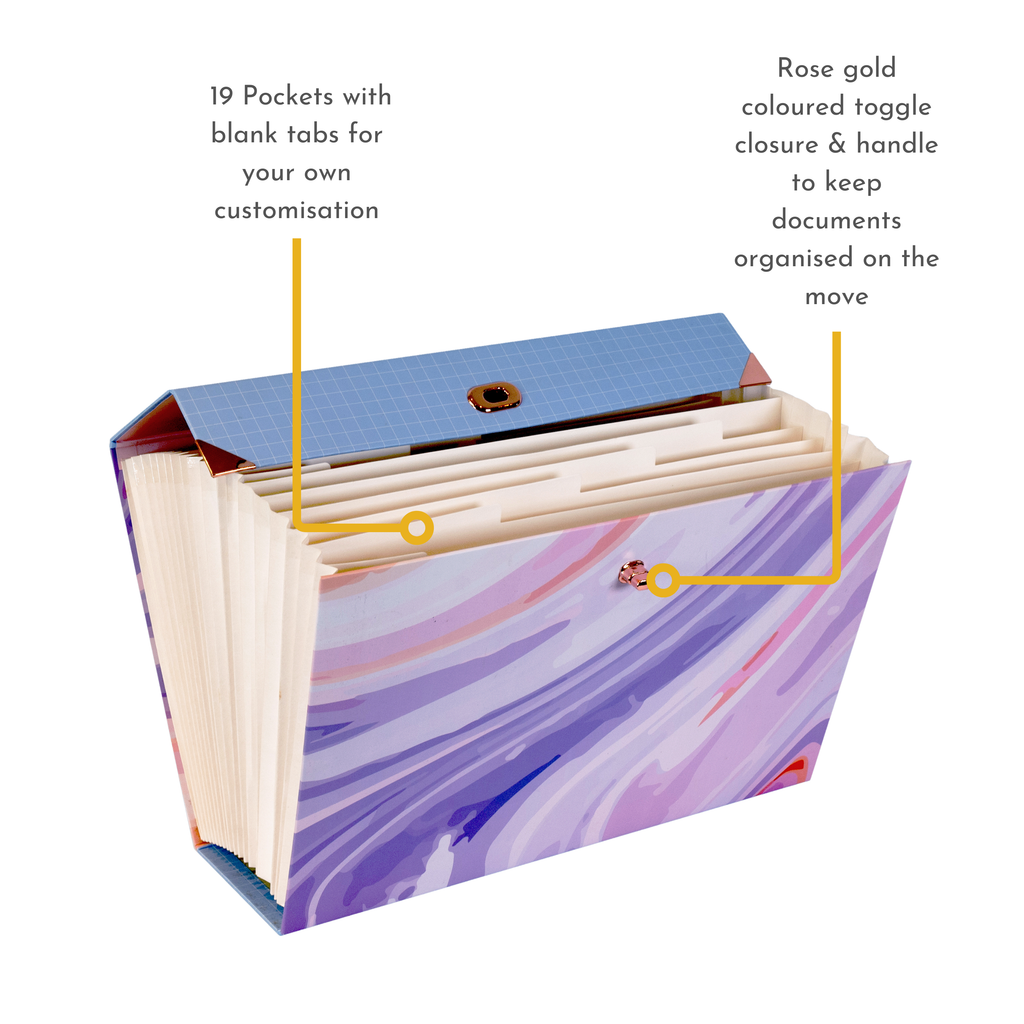 Purple Abstract 19-Pocket Expanding Box File with Rose Gold Coloured Accents