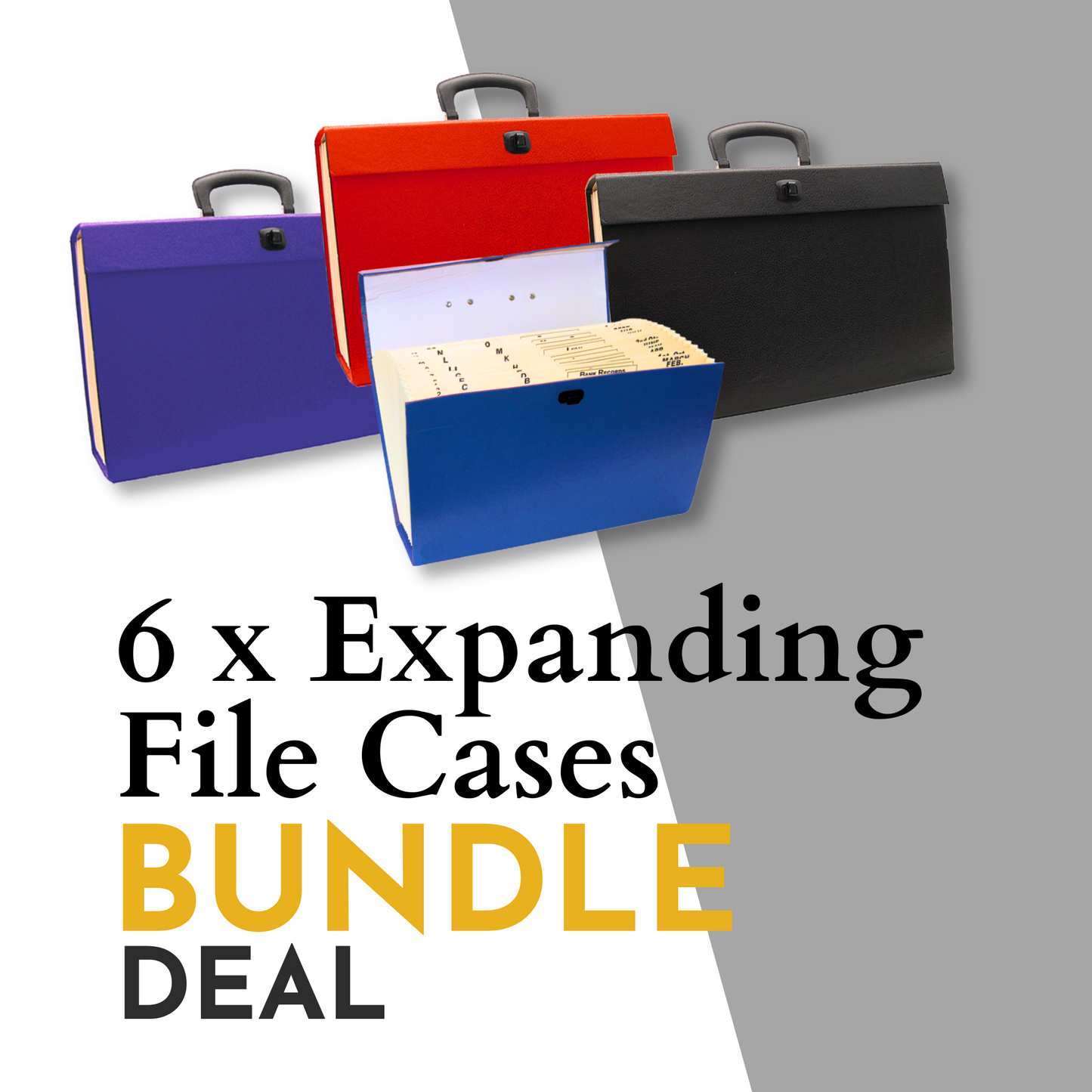  The image features a promotional graphic for a product bundle. It advertises "6 x Expanding File Cases" as a "BUNDLE DEAL". Displayed are four expanding file cases with handles, suggesting they are portable. The cases are colored in vibrant hues: one in blue, one in red, one in purple and one in black. One of the cases is open, revealing tabbed file dividers inside, which are likely used for organizing documents. 