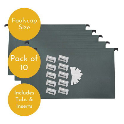 A4+ (Foolscap) Green Manilla Suspension Files with Clip on Index Tabs and Inserts