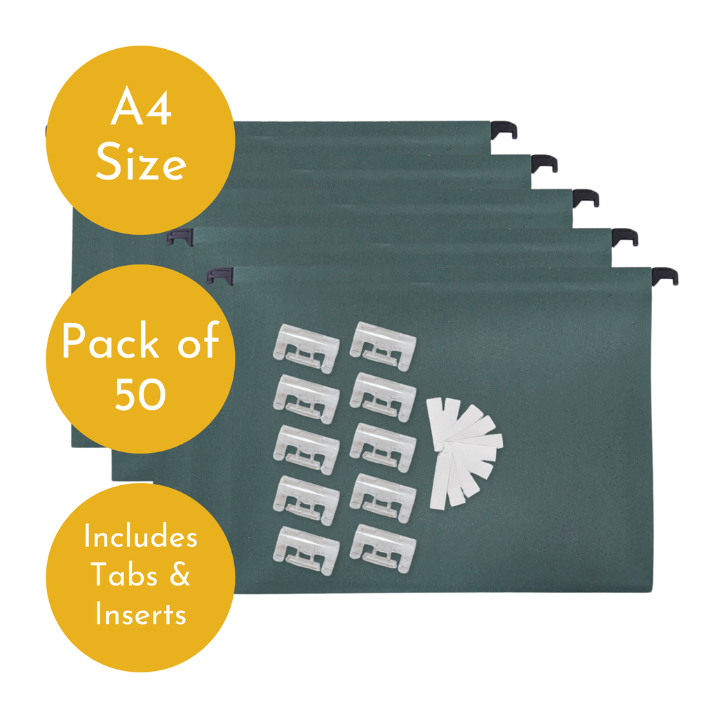 A4 Green Manilla Suspension Files with Clip on Index Tabs and Inserts