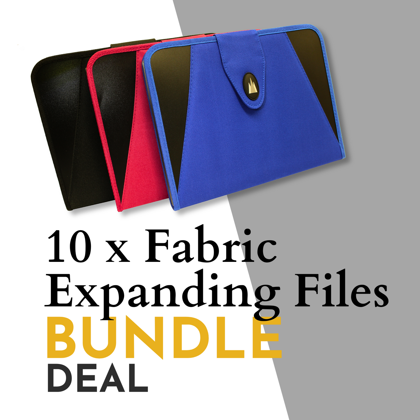 Promotional image featuring three fabric expanding files, one black, one red and the other blue, each angled to display their design. Overlaid text reads '10 x Fabric Expanding Files BUNDLE DEAL', suggesting a special offer on the items. The text is styled in different sizes and colours for visual impact.