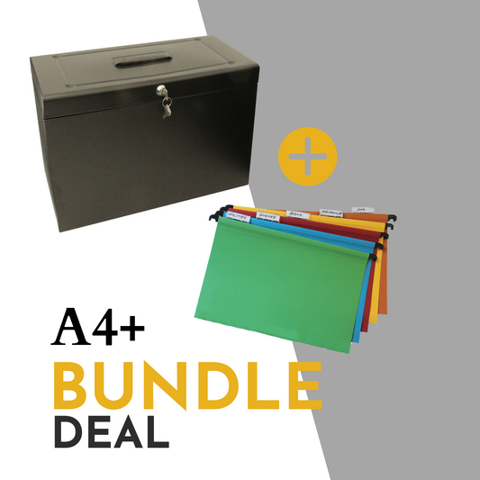 Promotional image for an A4+ (Foolscap Sized) file storage bundle deal, including a black file box with a handle and key lock, plus an additional set of 10 assorted colour Foolscap suspension files with index tabs, showcasing an organized filing solution.