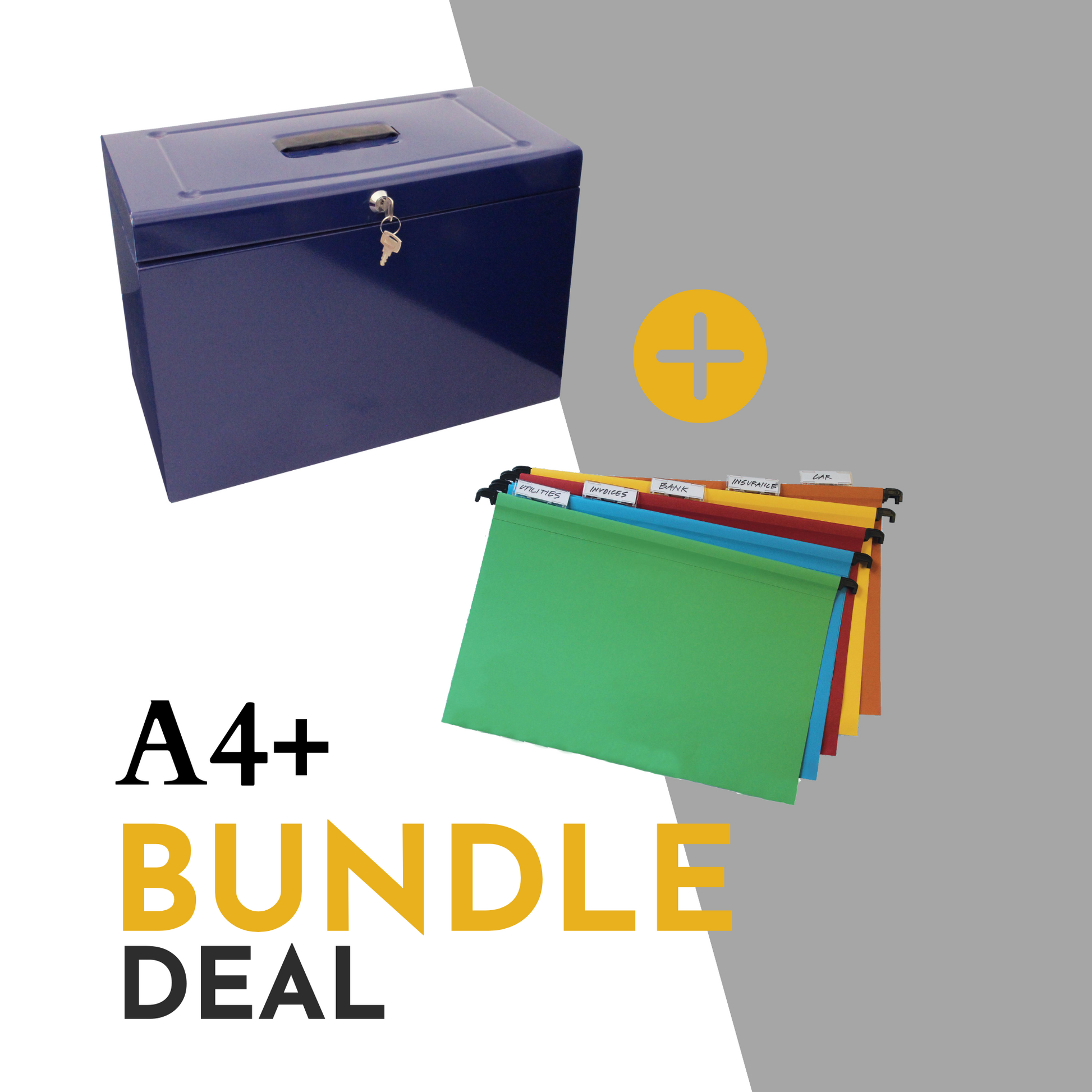 Promotional image for an A4+ (Foolscap Sized) file storage bundle deal, including a blue file box with a handle and key lock, plus an additional set of 10 assorted colour Foolscap suspension files with index tabs, showcasing an organized filing solution.