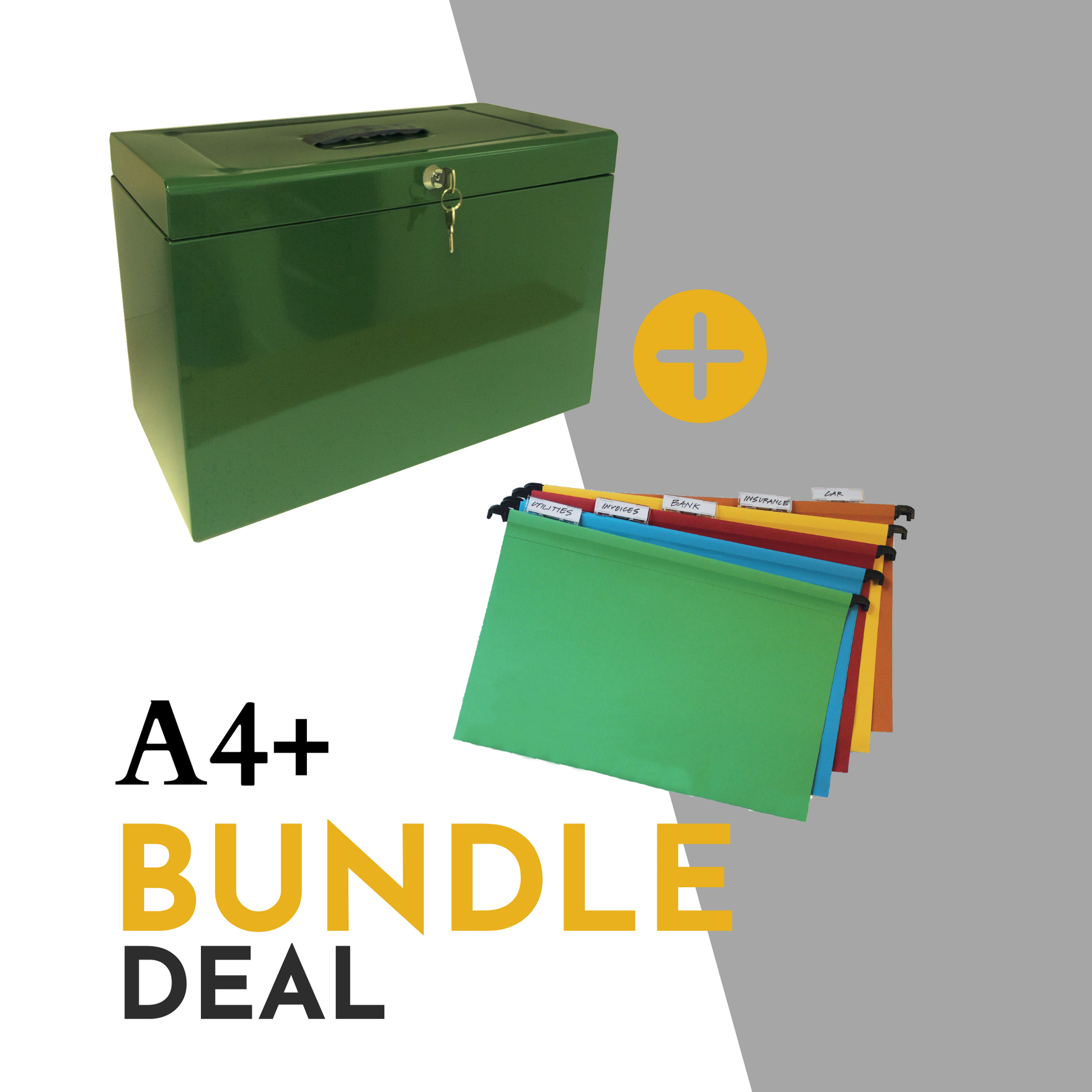 Promotional image for an A4+ (Foolscap Sized) file storage bundle deal, including a British racing green file box with a handle and key lock, plus an additional set of 10 assorted colour Foolscap suspension files with index tabs, showcasing an organized filing solution.