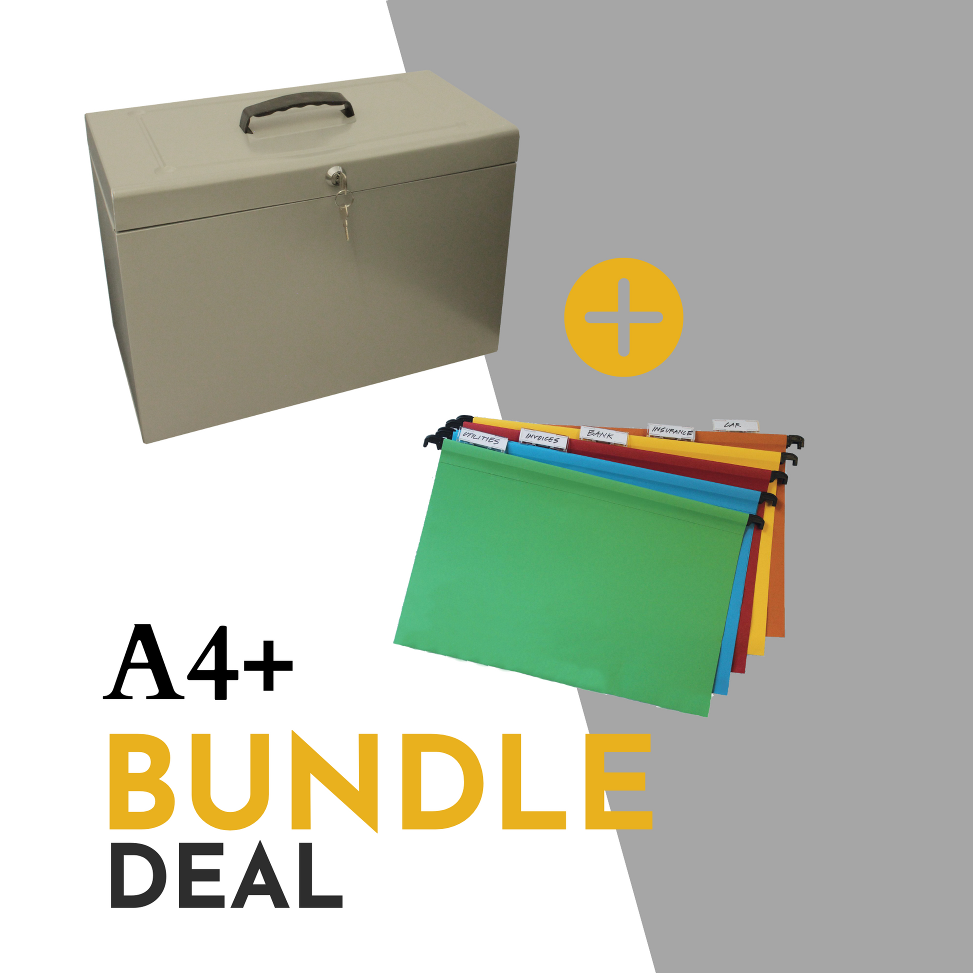 Promotional image for an A4+ (Foolscap Sized) file storage bundle deal, including a silver grey file box with a handle and key lock, plus an additional set of 10 assorted colour Foolscap suspension files with index tabs, showcasing an organized filing solution.