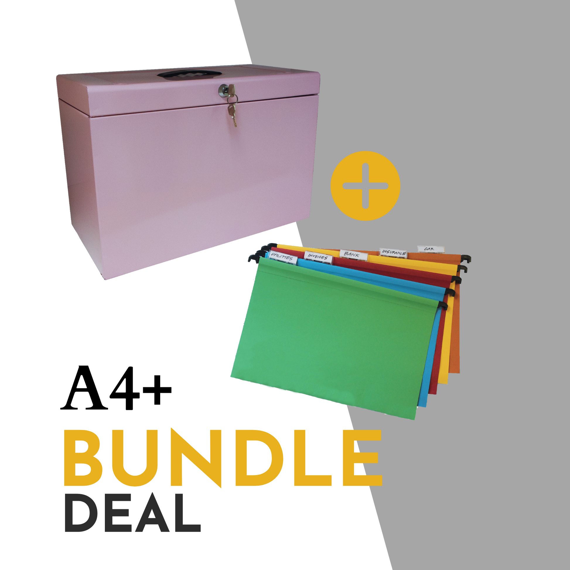 Promotional image for an A4+ (Foolscap Sized) file storage bundle deal, including a pastel pink file box with a handle and key lock, plus an additional set of 10 assorted colour Foolscap suspension files with index tabs, showcasing an organized filing solution.