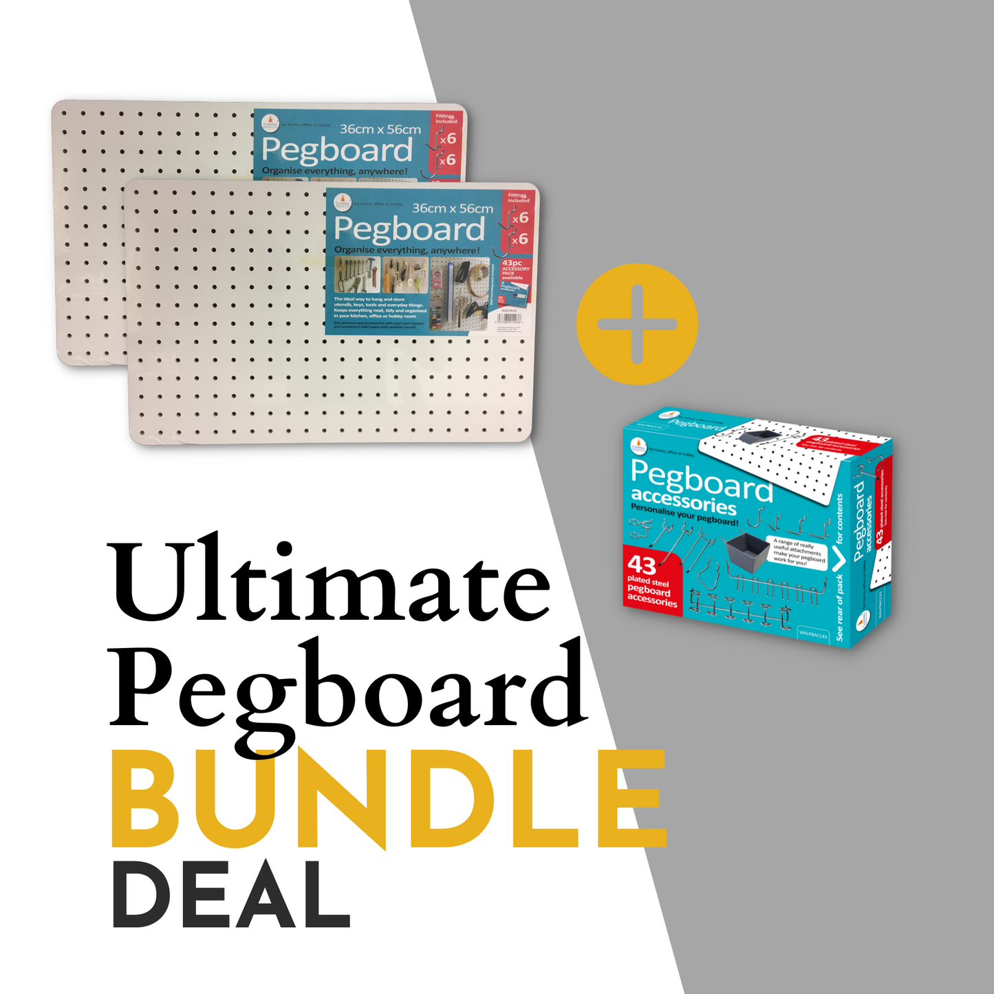This image shows an "Ultimate Pegboard BUNDLE DEAL." It showcases two pegboards, each 36cm by 56cm in size, accompanied by a box of 43 pegboard accessories. The graphic shows that purchasing this bundle deal provides a comprehensive solution for organizing tools or materials in a workspace, with a variety of accessories to customize the setup to the buyer’s needs. The graphic uses a plus sign to indicate that the pegboards and accessories are offered together, at a special price.