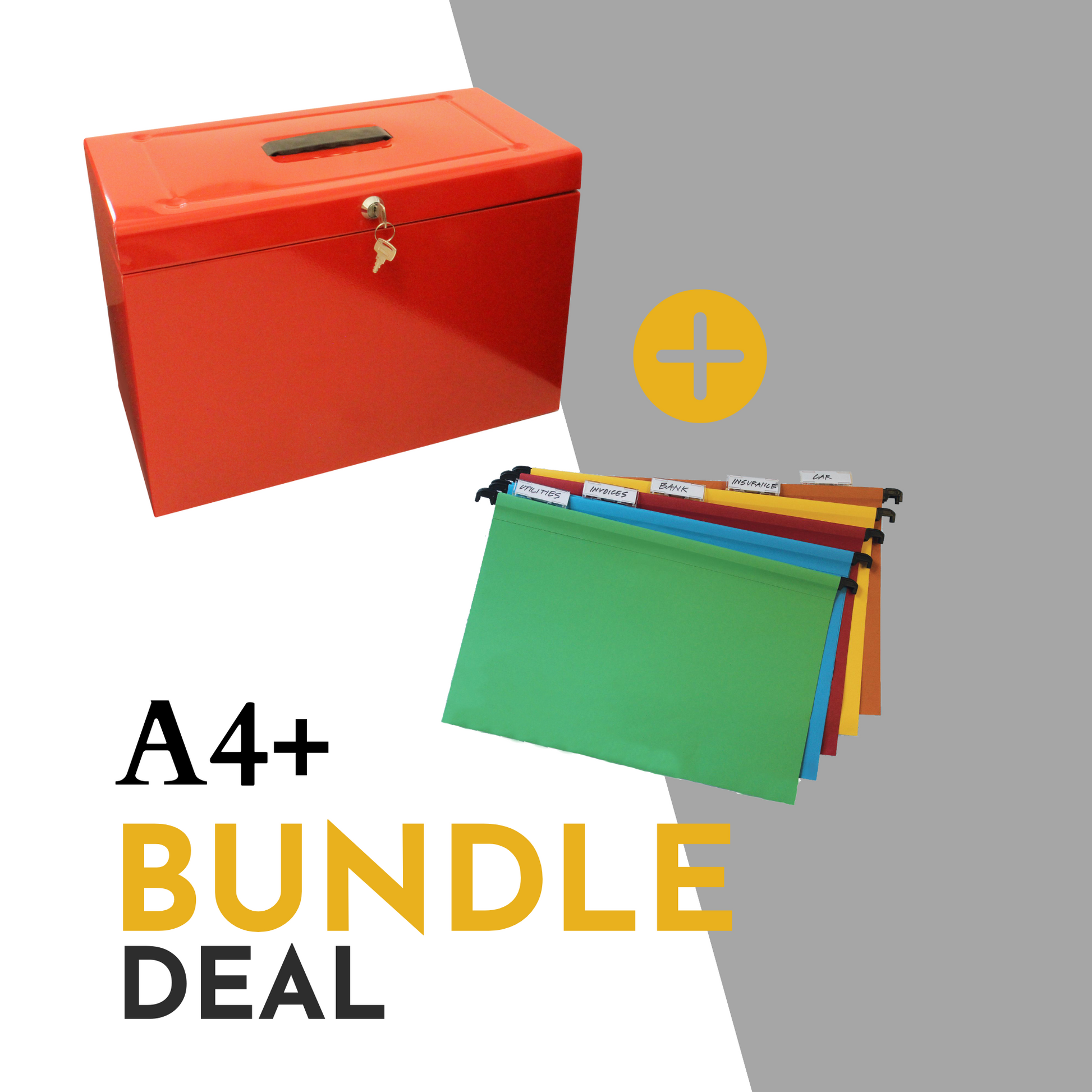 Promotional image for an A4+ (Foolscap Sized) file storage bundle deal, including a red file box with a handle and key lock, plus an additional set of 10 assorted colour Foolscap suspension files with index tabs, showcasing an organized filing solution.