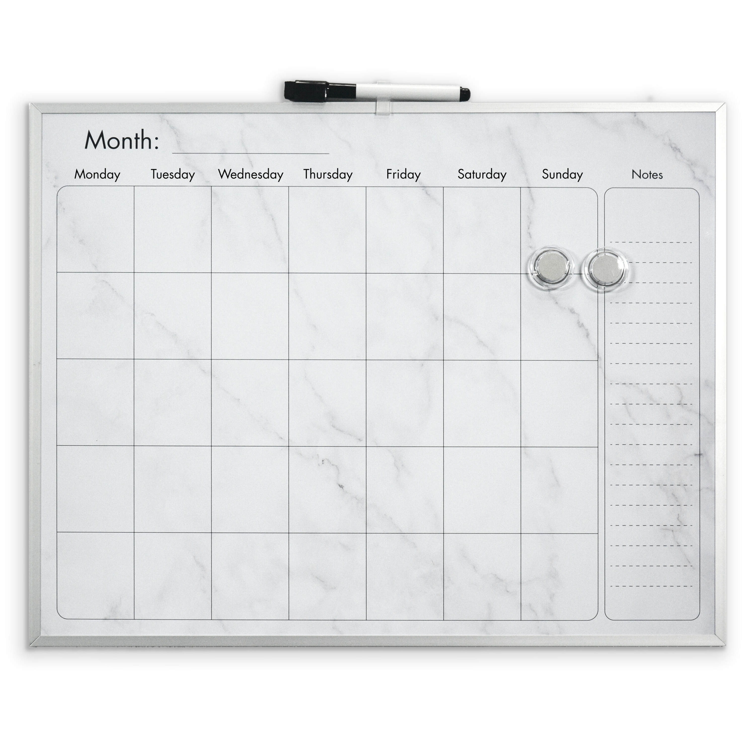 Elegant Marble Magnetic Calendar Board with Silver Aluminium Frame - 40.5 x 51 cm