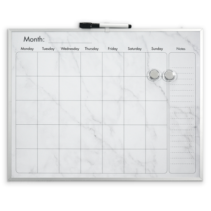 Elegant Marble Magnetic Calendar Board with Silver Aluminium Frame - 40.5 x 51 cm