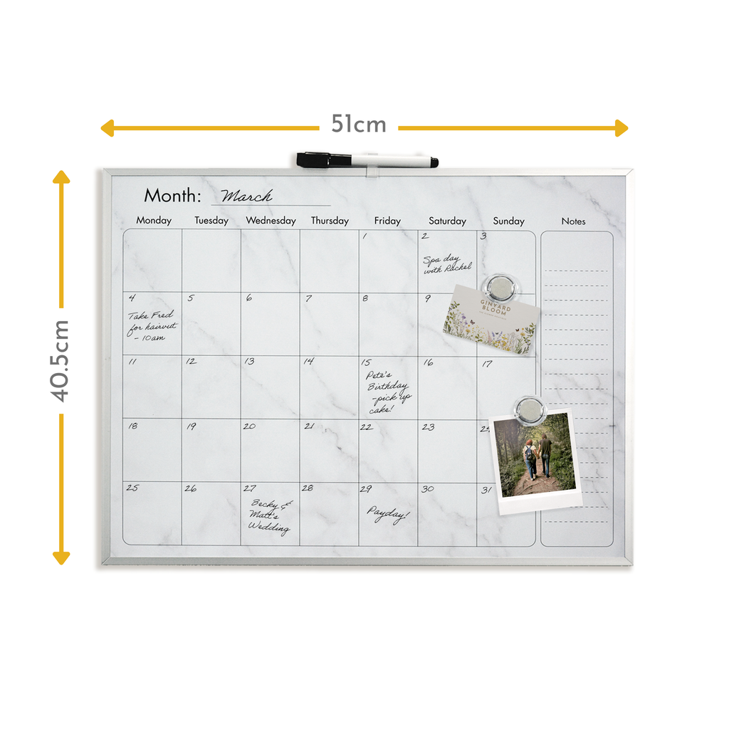 Elegant Marble Magnetic Calendar Board with Silver Aluminium Frame - 40.5 x 51 cm