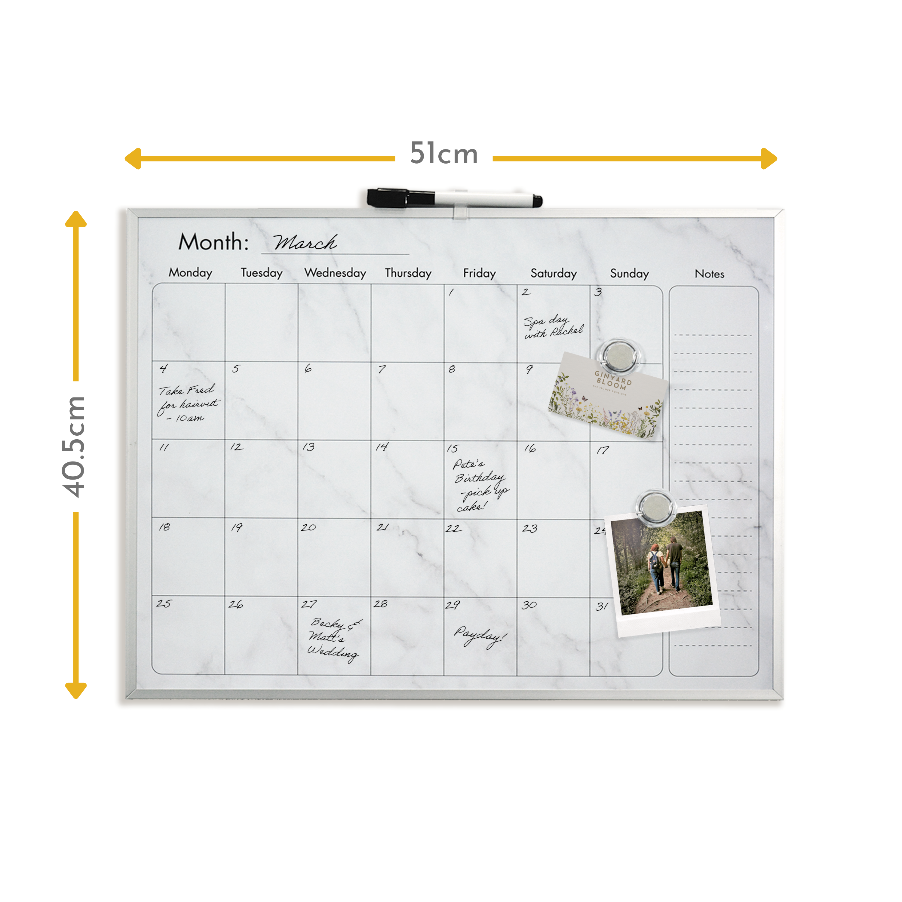 Elegant Marble Magnetic Calendar Board with Silver Aluminium Frame - 40.5 x 51 cm
