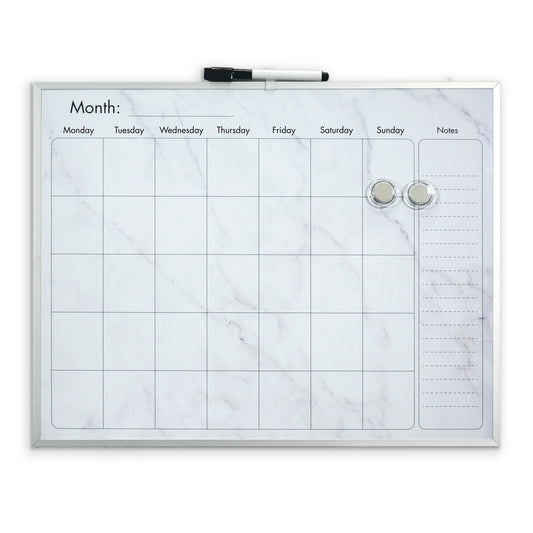 Elegant Marble Magnetic Calendar Board with Silver Aluminium Frame - 40.5 x 51 cm