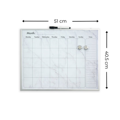 Elegant Marble Magnetic Calendar Board with Silver Aluminium Frame - 40.5 x 51 cm