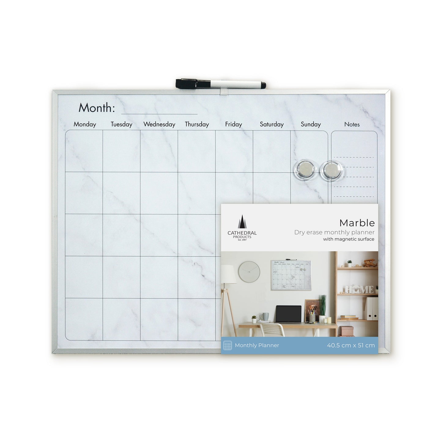 Elegant Marble Magnetic Calendar Board with Silver Aluminium Frame - 40.5 x 51 cm