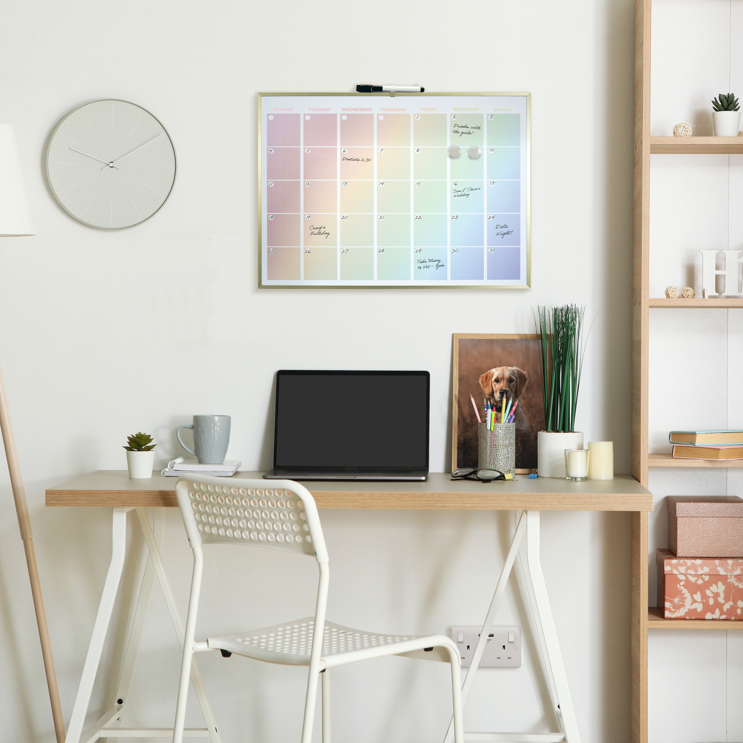 Luxurious Rainbow Magnetic Calendar Board with Gold Aluminium Frame - 43 x 58 cm