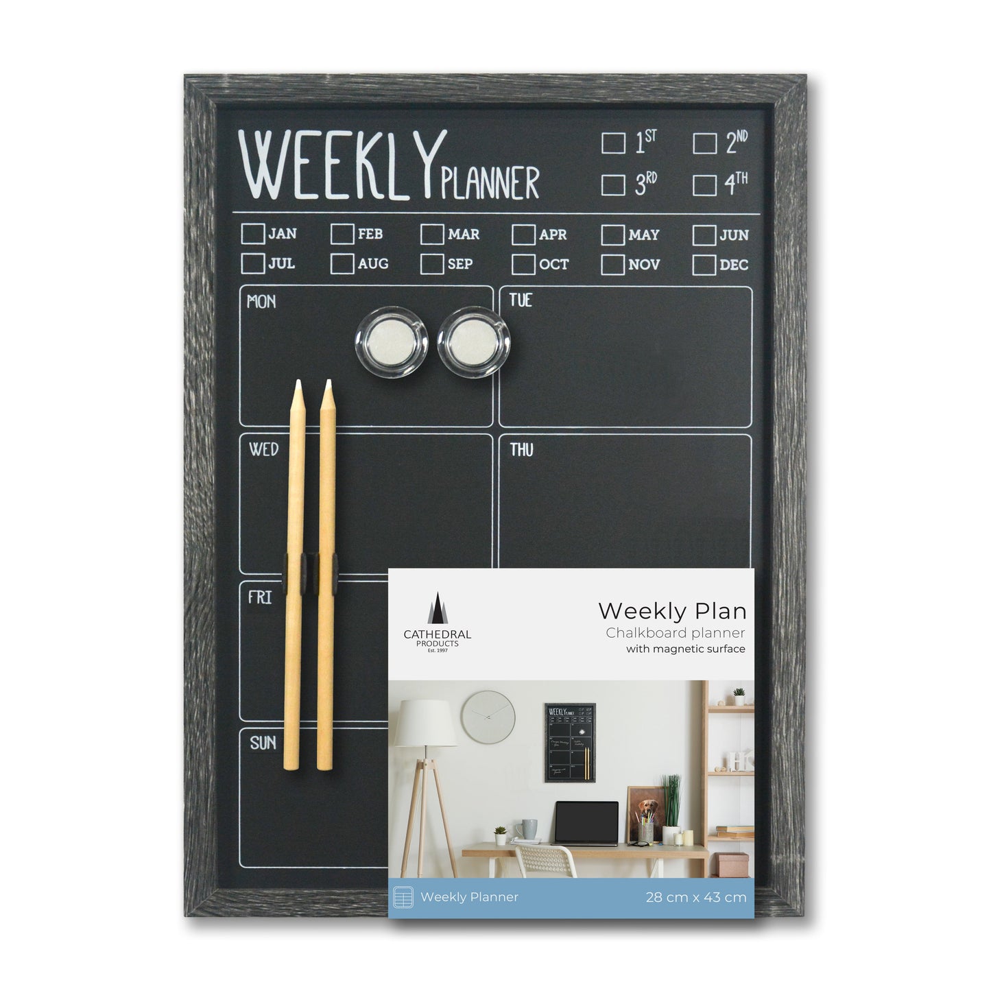 Charcoal Frame Magnetic Weekly Planner Chalk Board - 28 x 43 cm