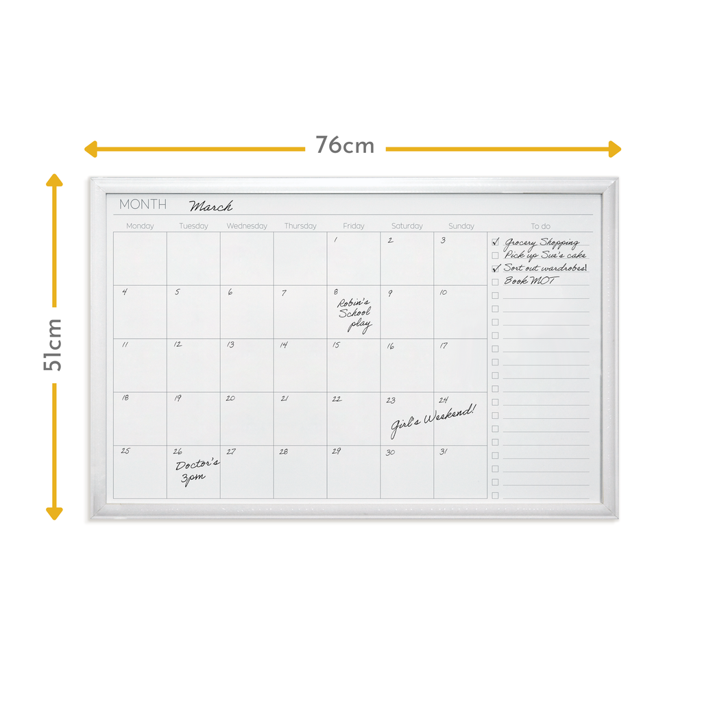 Modern White Frame Magnetic Monthly Planner Dry Erase Board - 51 x 76 cm