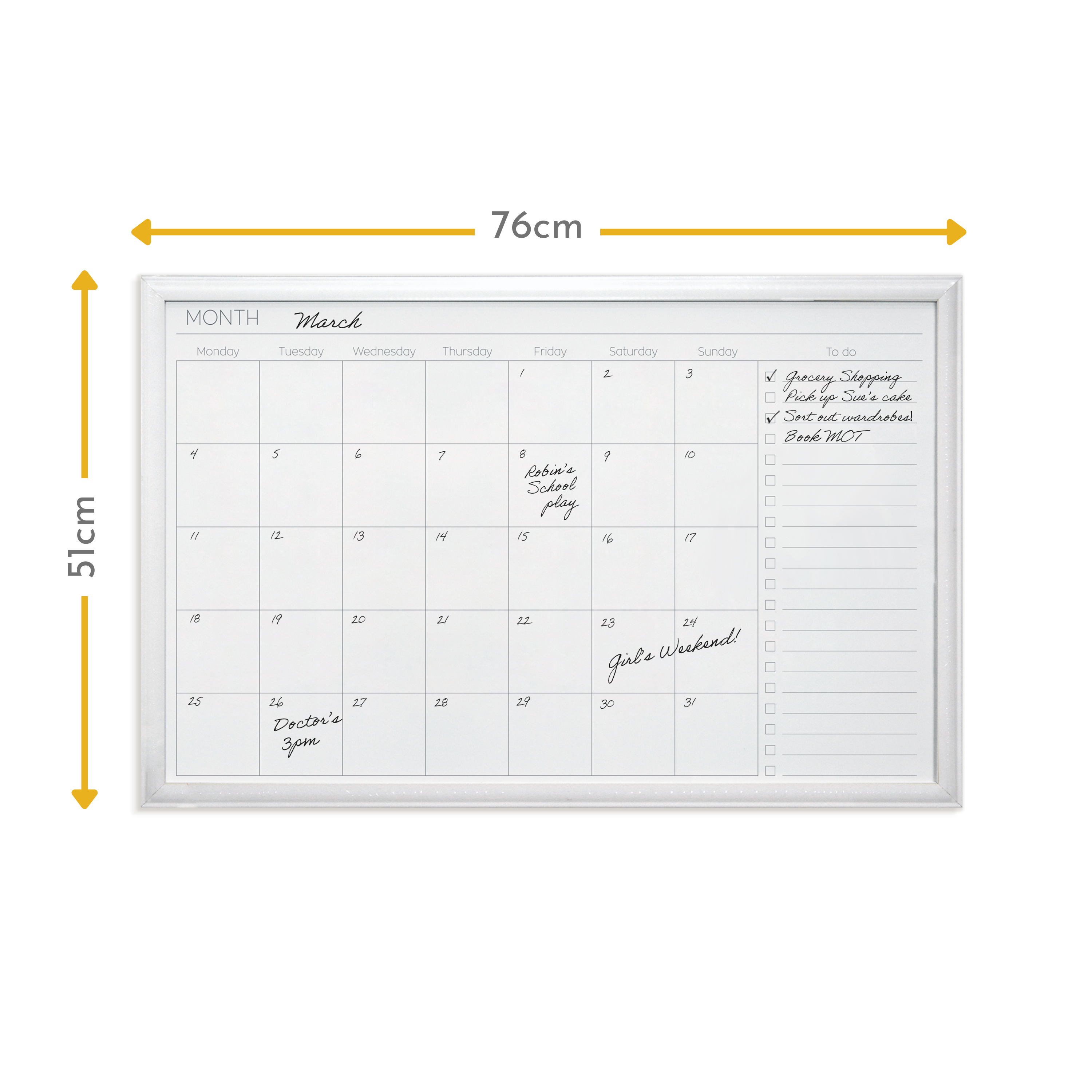 Modern White Frame Magnetic Monthly Planner Dry Erase Board - 51 x 76 cm